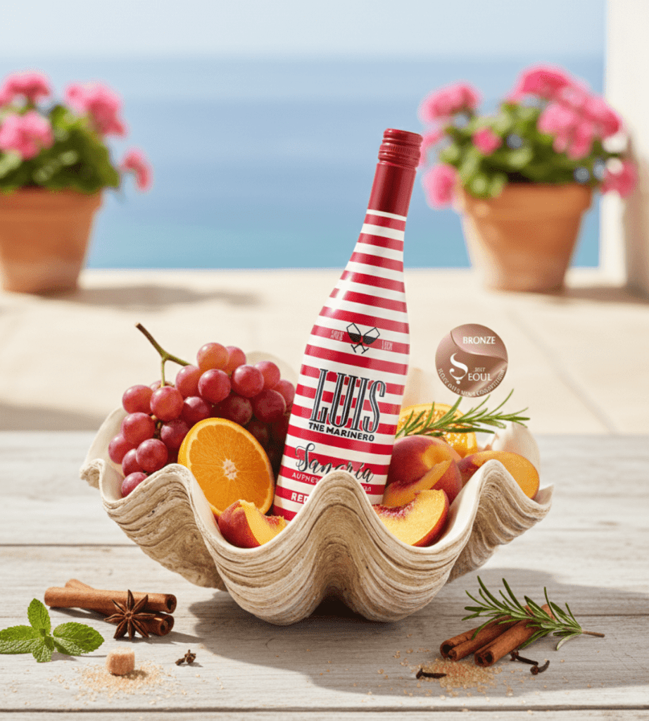 Botella de sangría rosé Luis the Marinero de Bodegas Valdepablo en una cesta de fruta