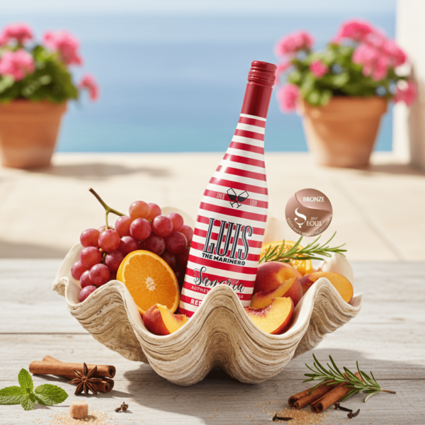 Botella de Sangría Luis The Marinero en un cuenco con fruta fresca junto al mar