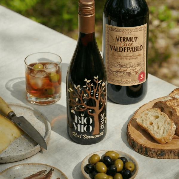 Botella de vermut rojo ecológico Organic BioMio y de vermut Valdepablo